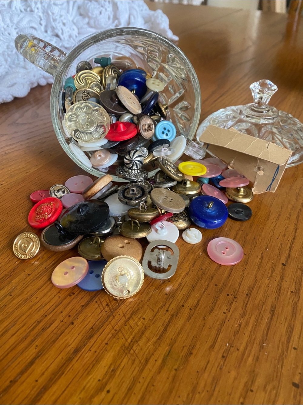 Buttons!  Glass Sugar Bowl with Buttons